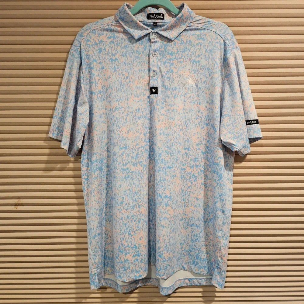 Bad Birdie‎ Mens XL Golf Polo Blue Peach Abstract Print Short Sleeve Performance